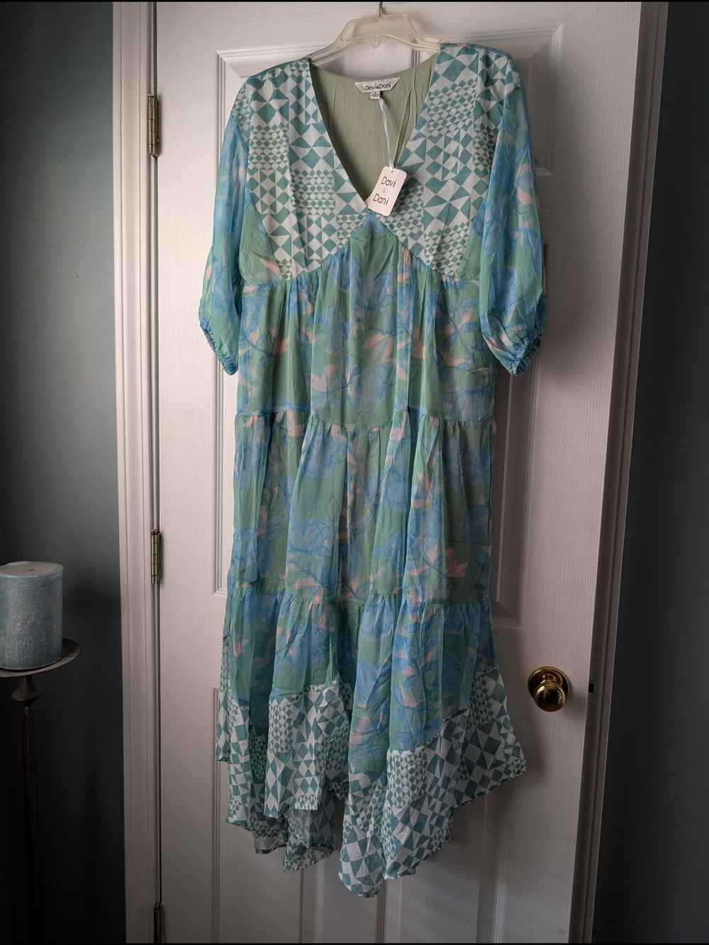 DAVI & DANI Pastel Blue-Green Printed Midi Dress